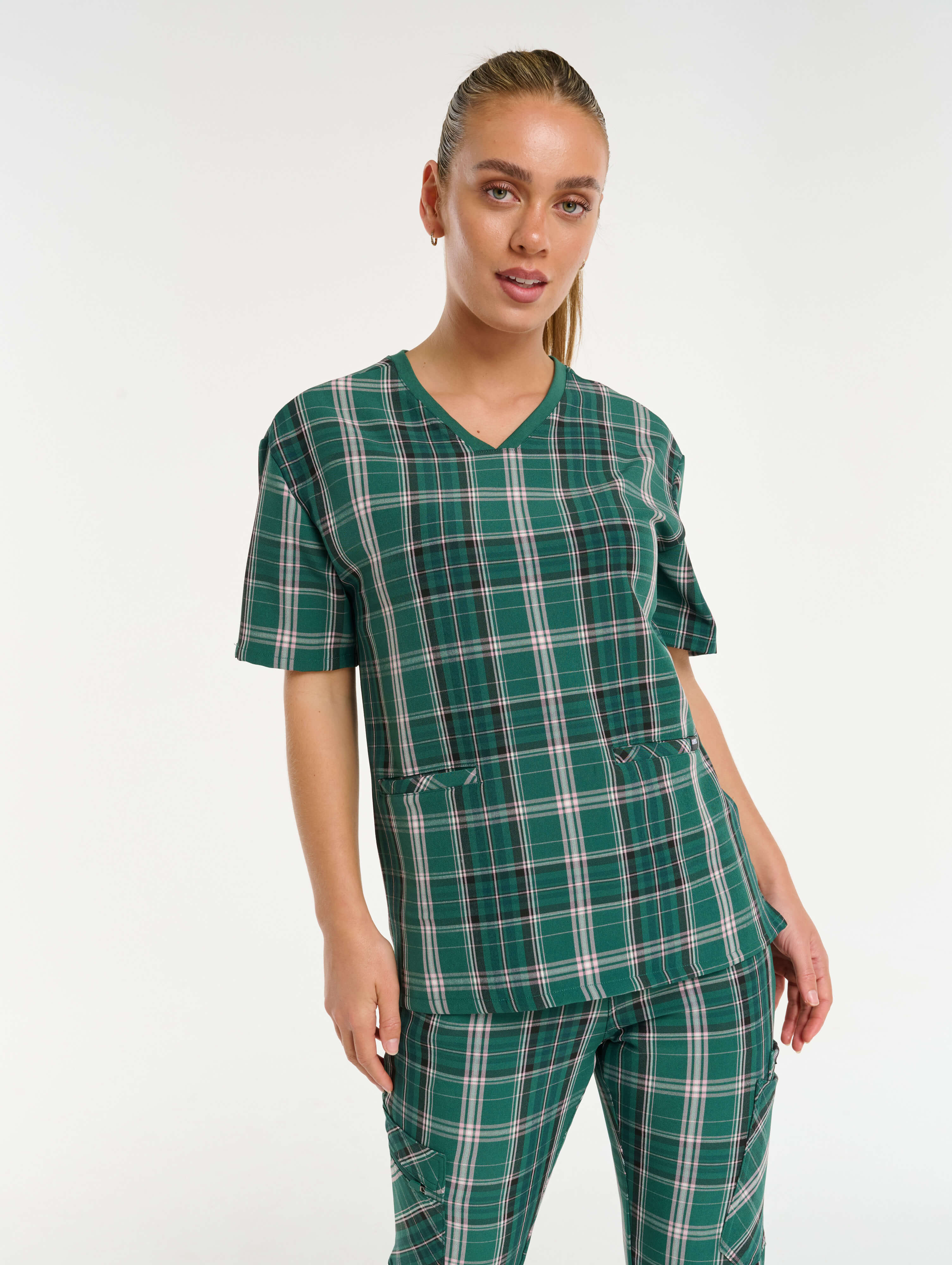 Essential V Neck Scrub Top - Pink & Green Tartan