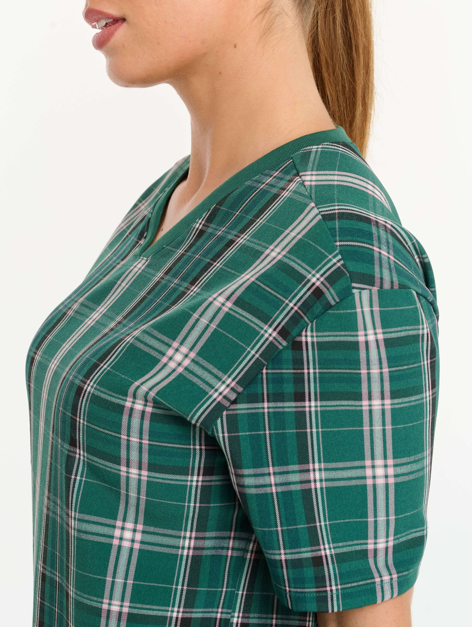 Essential V Neck Scrub Top - Pink & Green Tartan