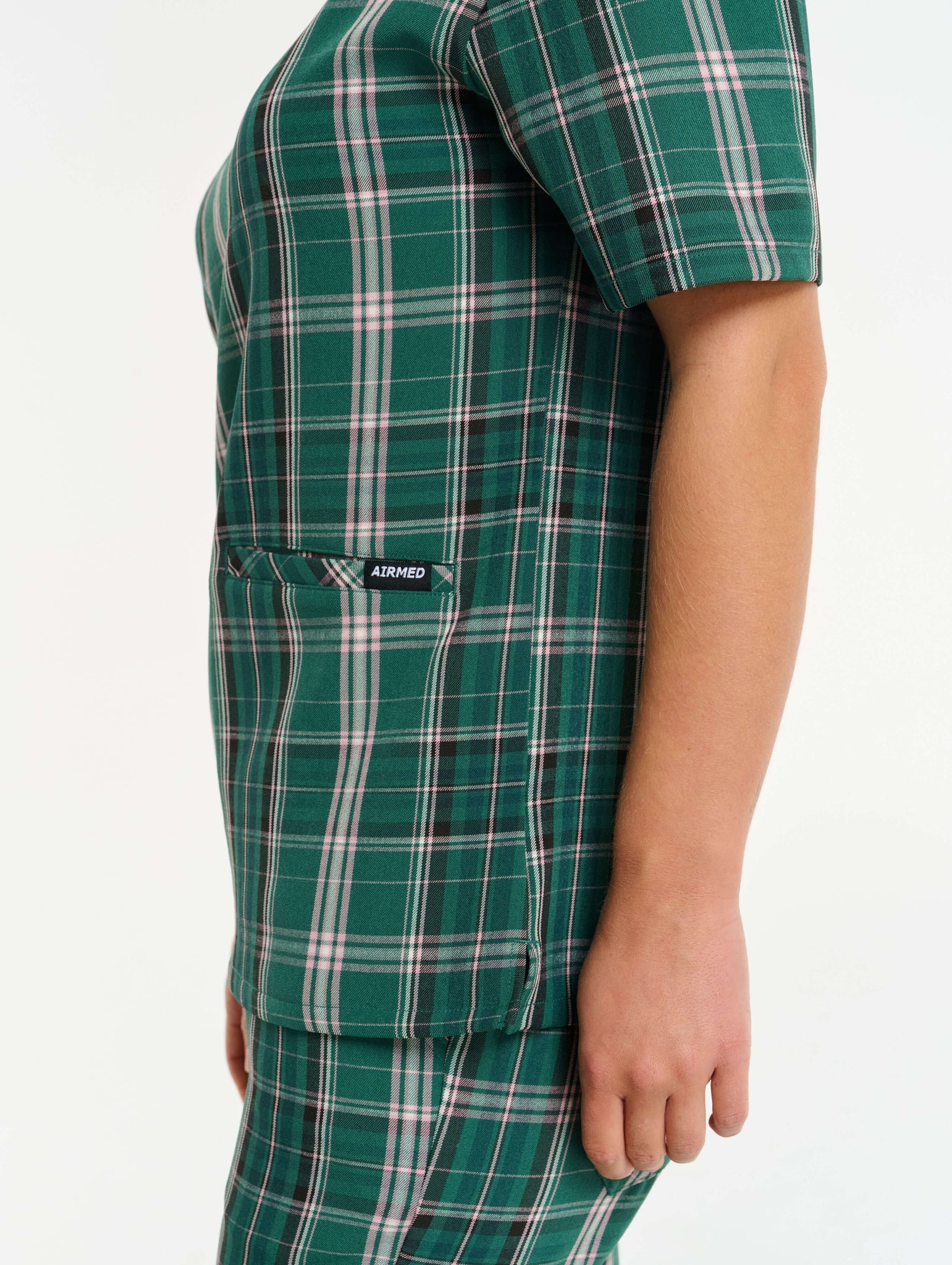Essential V Neck Scrub Top - Pink & Green Tartan