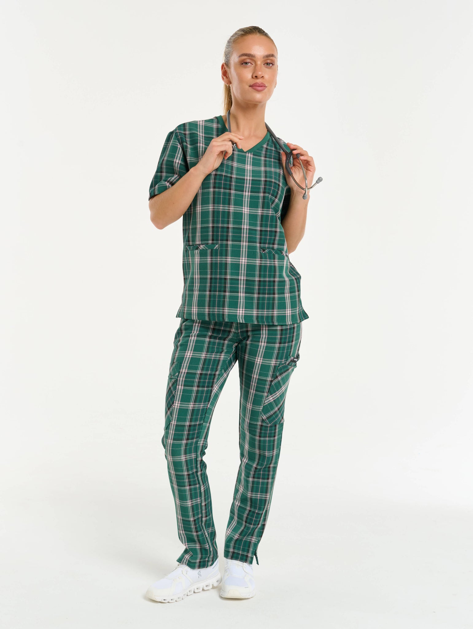 Essential V Neck Scrub Top - Pink & Green Tartan