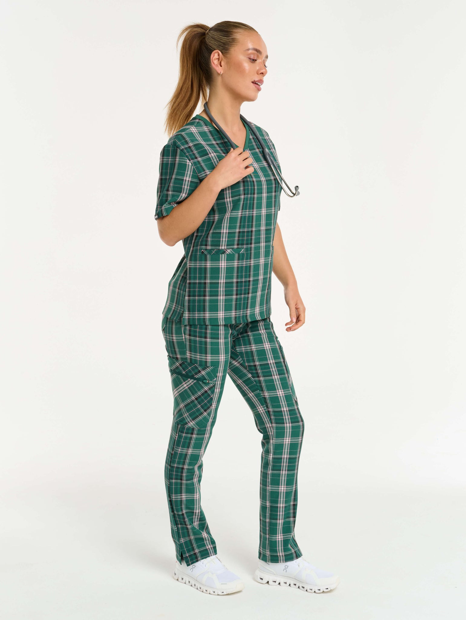 Essential Multi-Pocket Scrub Pants - Pink & Green Tartan