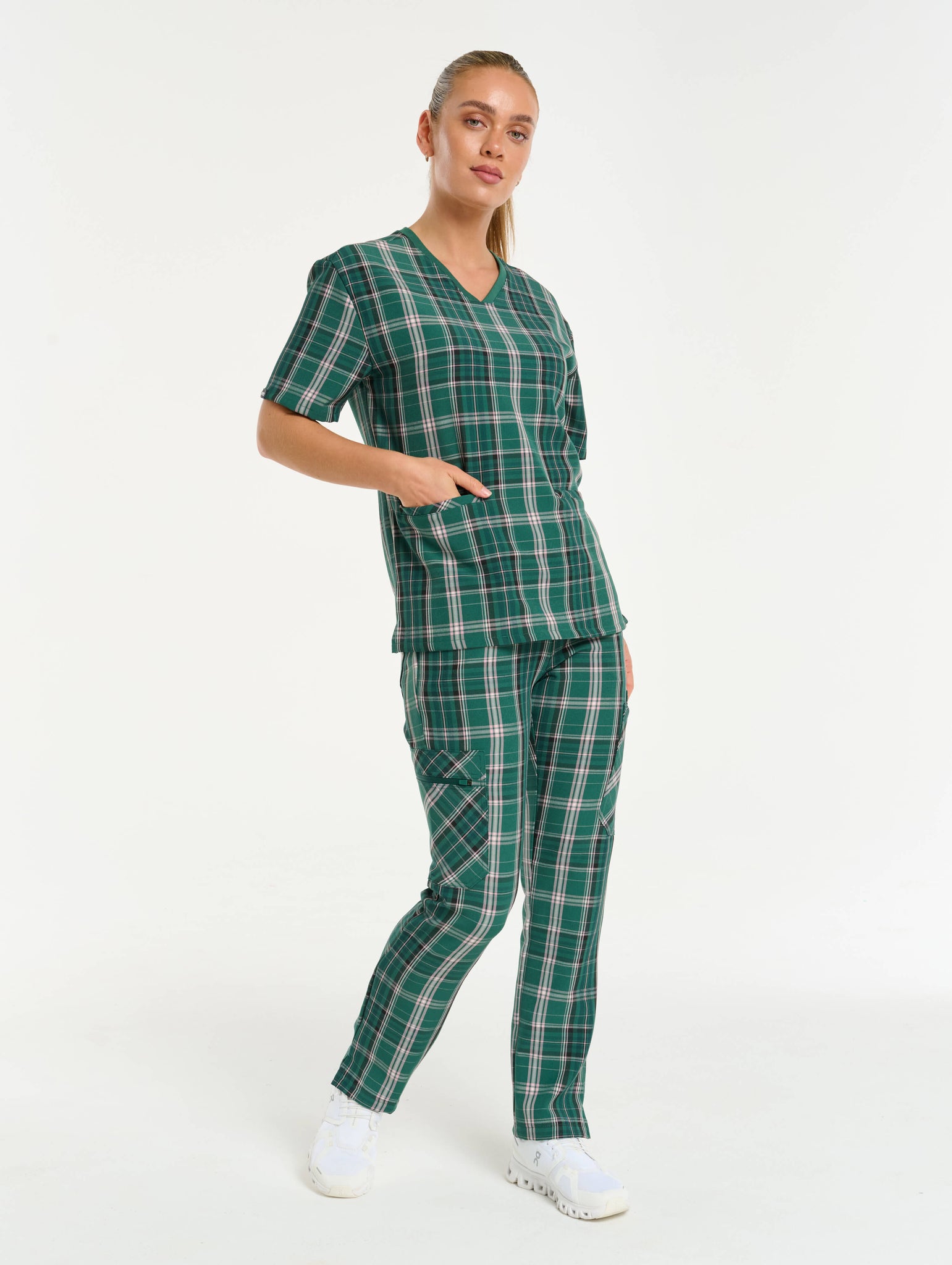 Essential Multi-Pocket Scrub Pants - Pink & Green Tartan