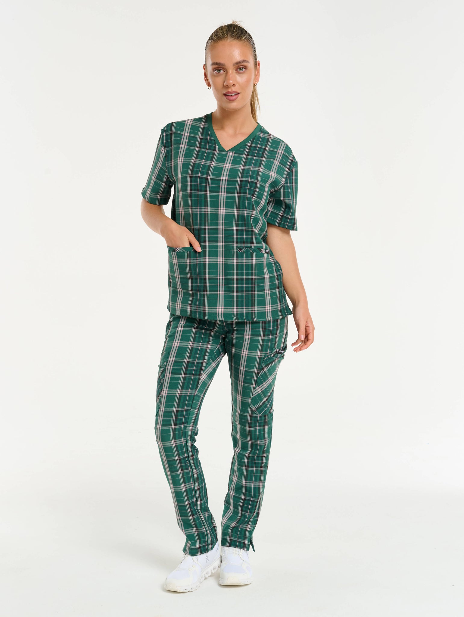Essential V Neck Scrub Top - Pink & Green Tartan