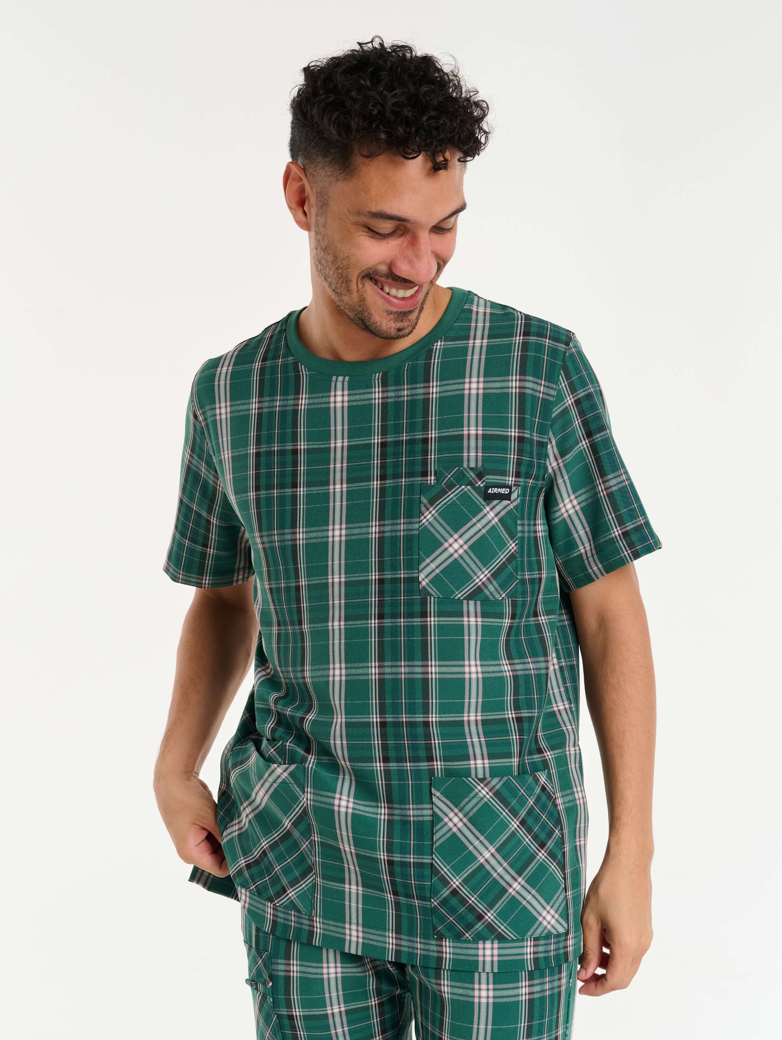 Essential Crewneck Scrub Top - Pink & Green Tartan
