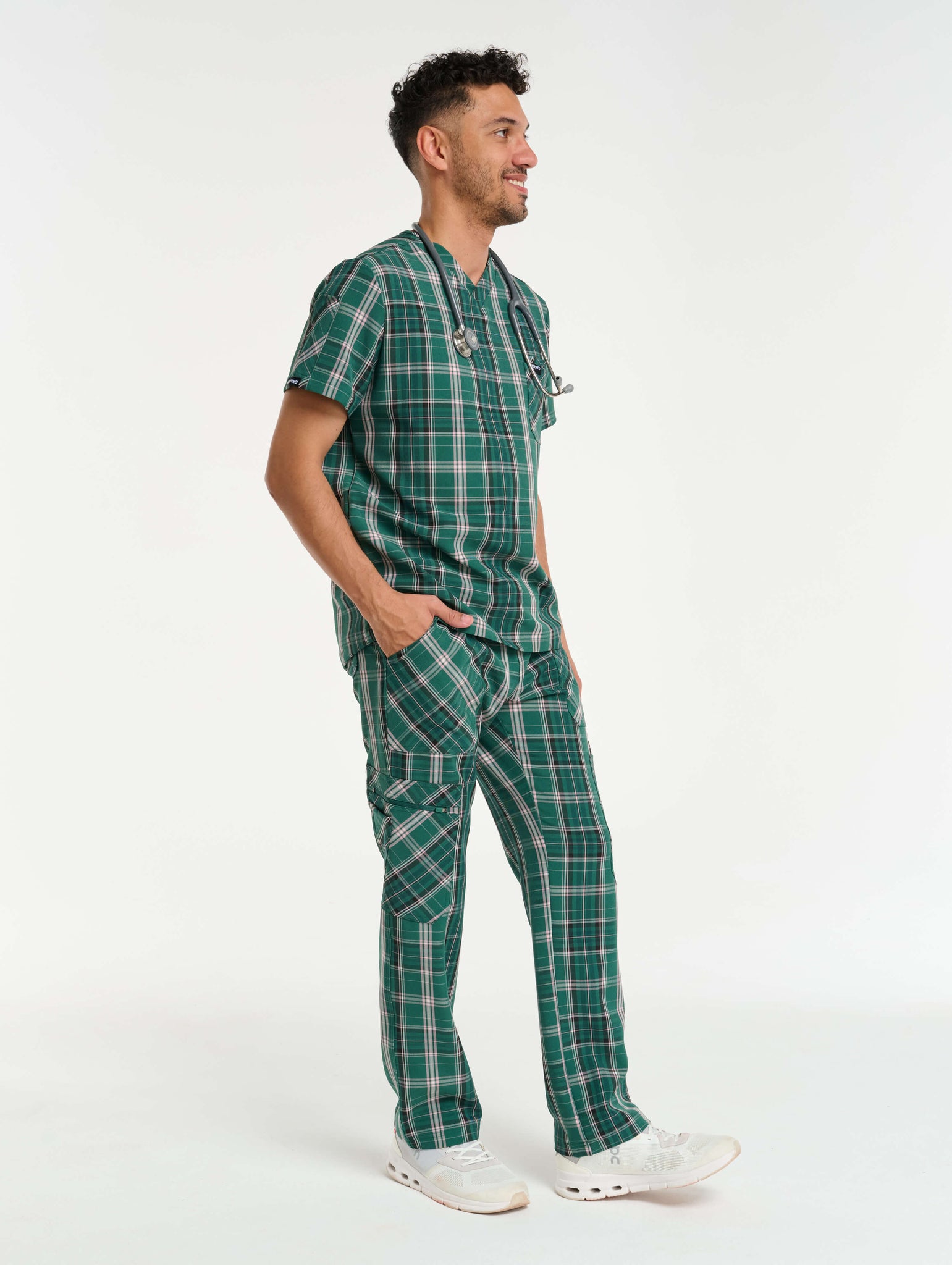 Essential Multi-Pocket Scrub Pants - Pink & Green Tartan