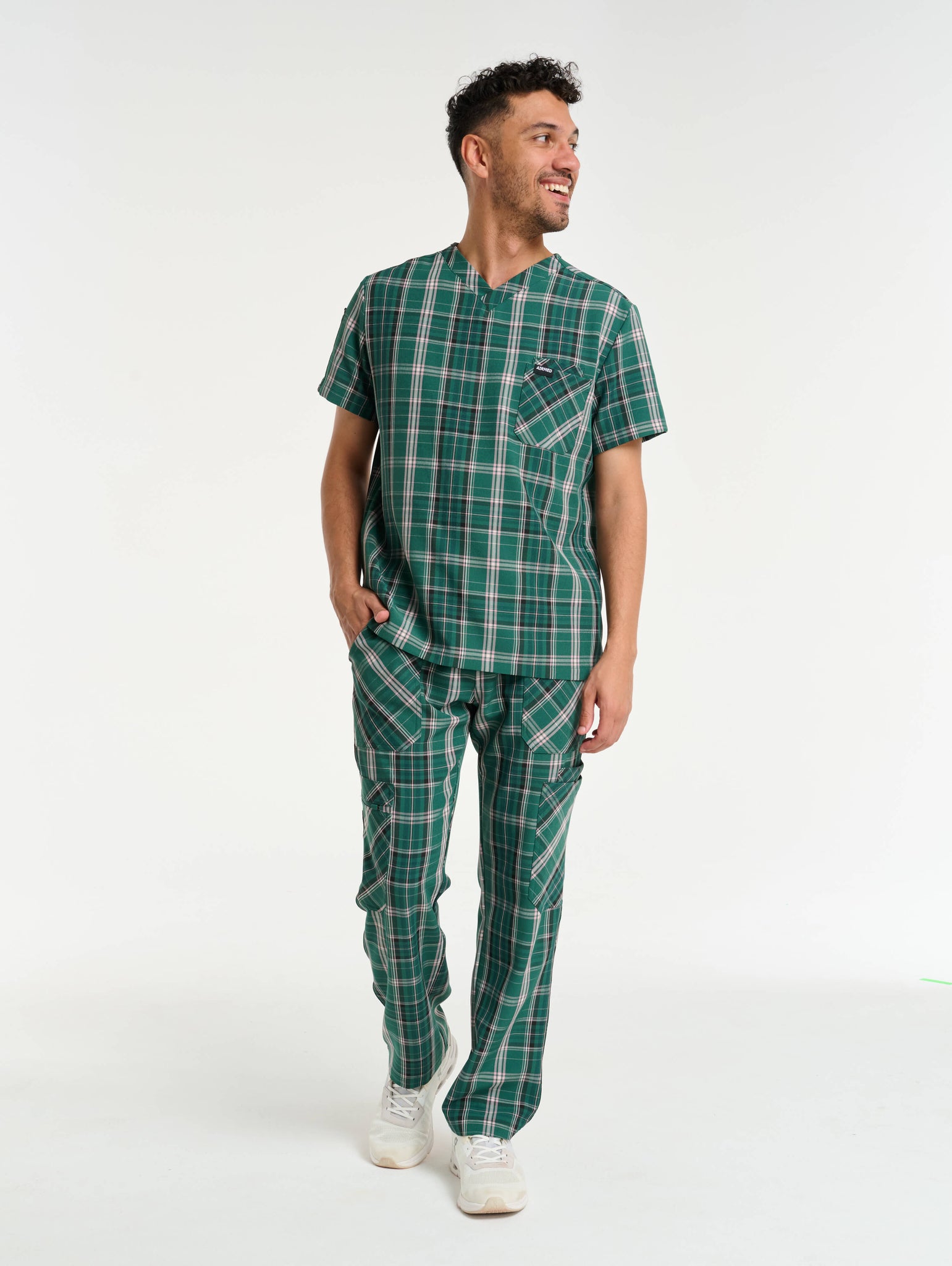 Essential Multi-Pocket Scrub Pants - Pink & Green Tartan