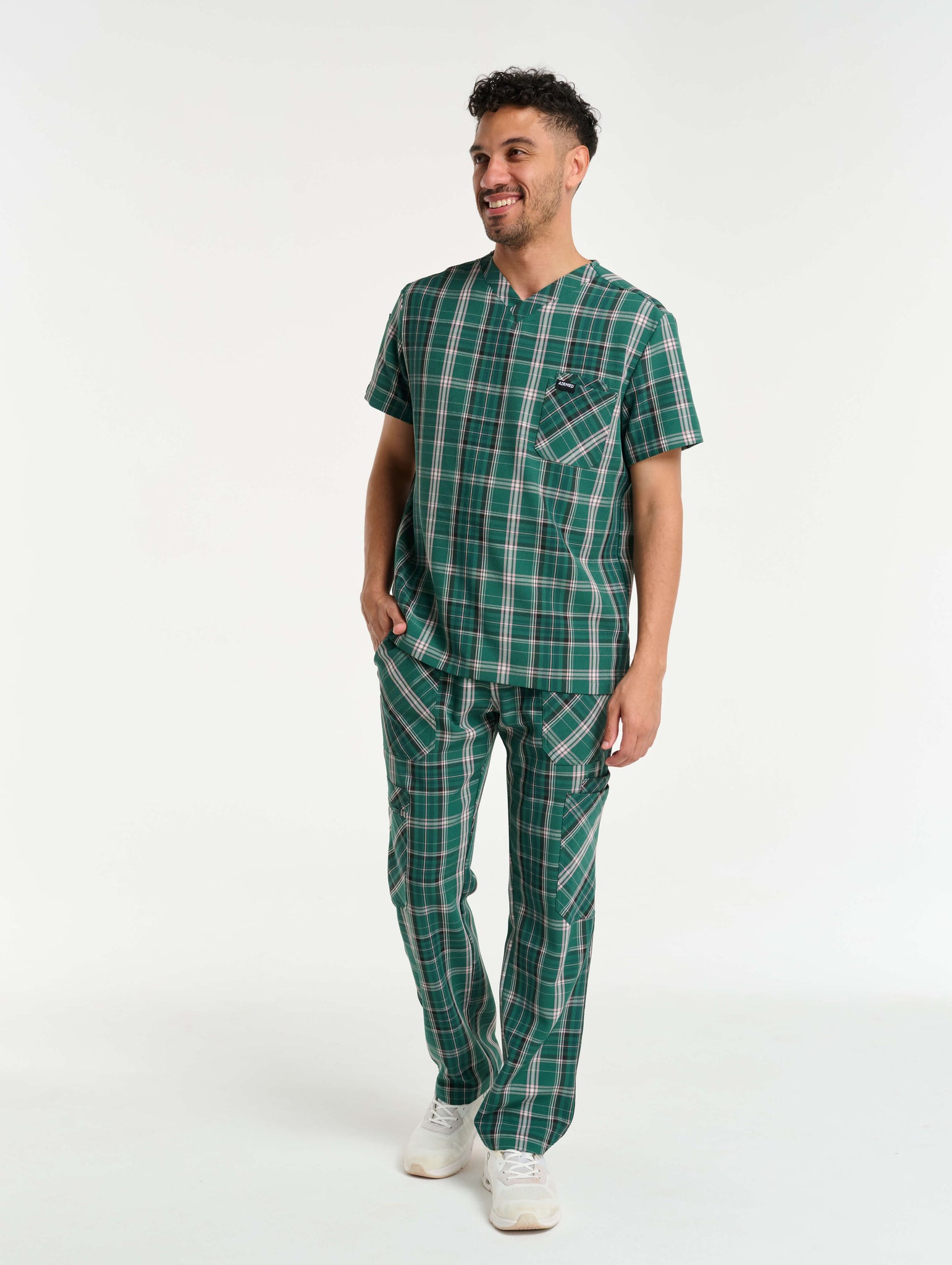 Essential V Neck Scrub Top - Pink & Green Tartan
