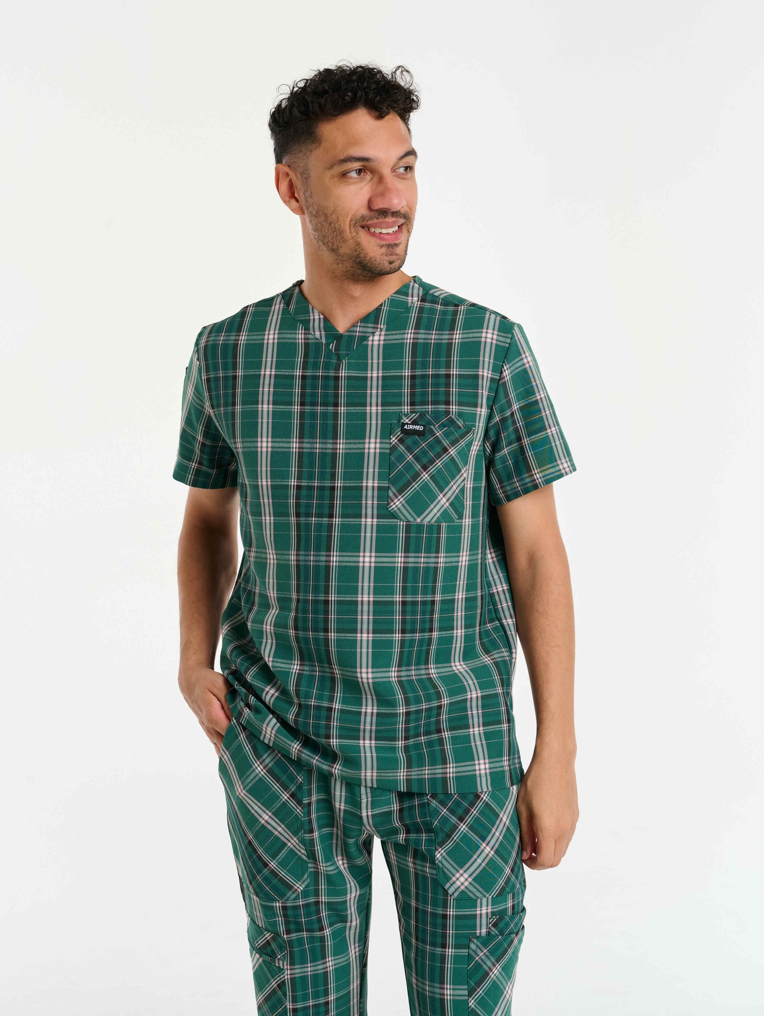 Essential V Neck Scrub Top - Pink & Green Tartan