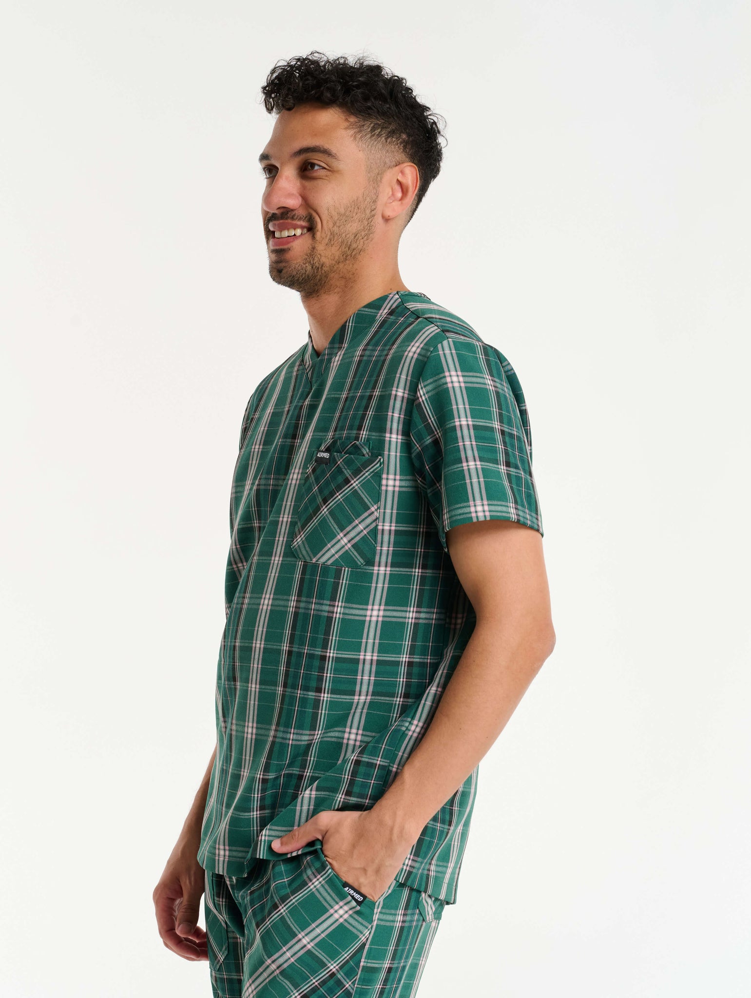 Essential V Neck Scrub Top - Pink & Green Tartan
