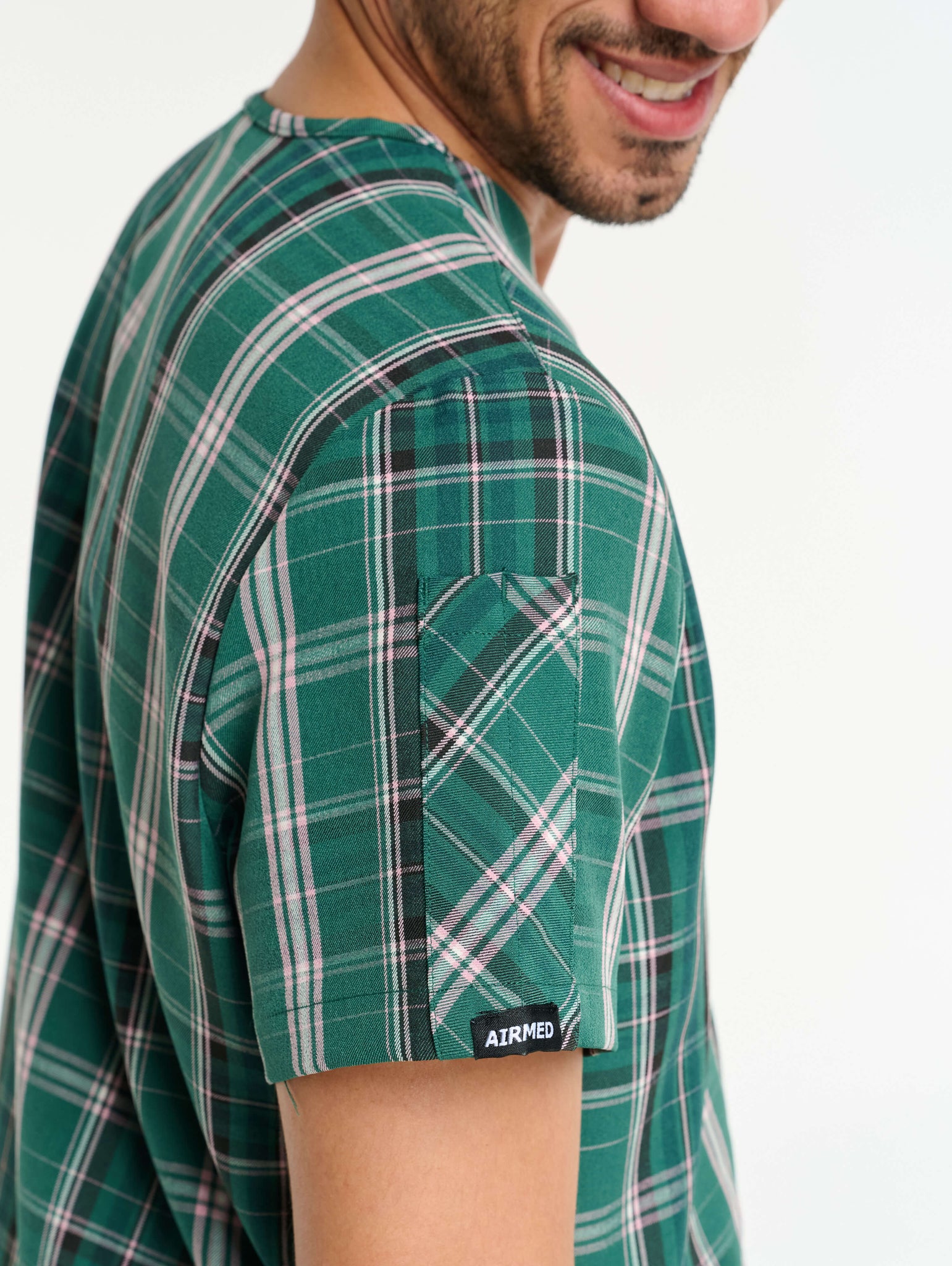 Essential V Neck Scrub Top - Pink & Green Tartan