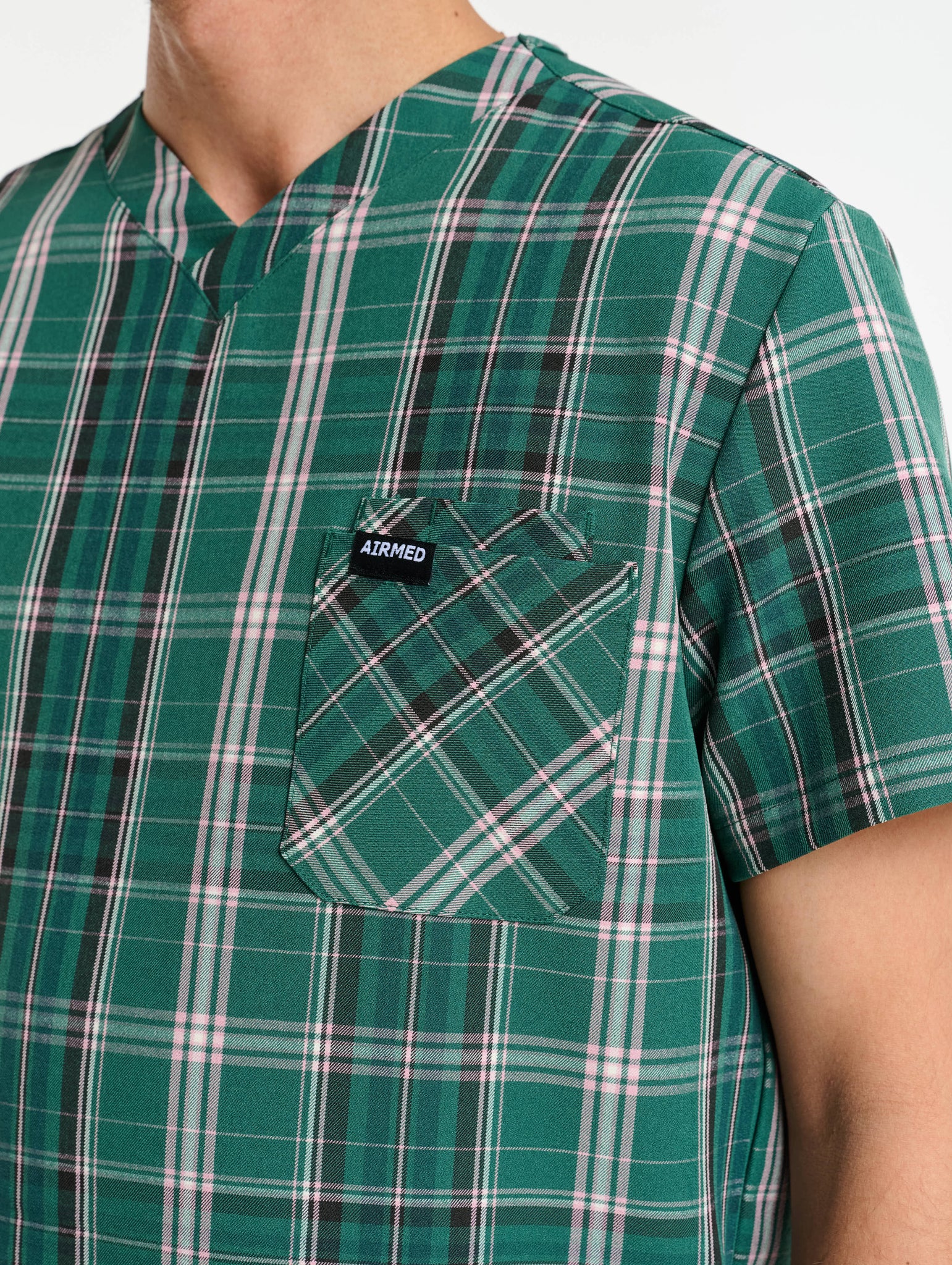 Essential V Neck Scrub Top - Pink & Green Tartan
