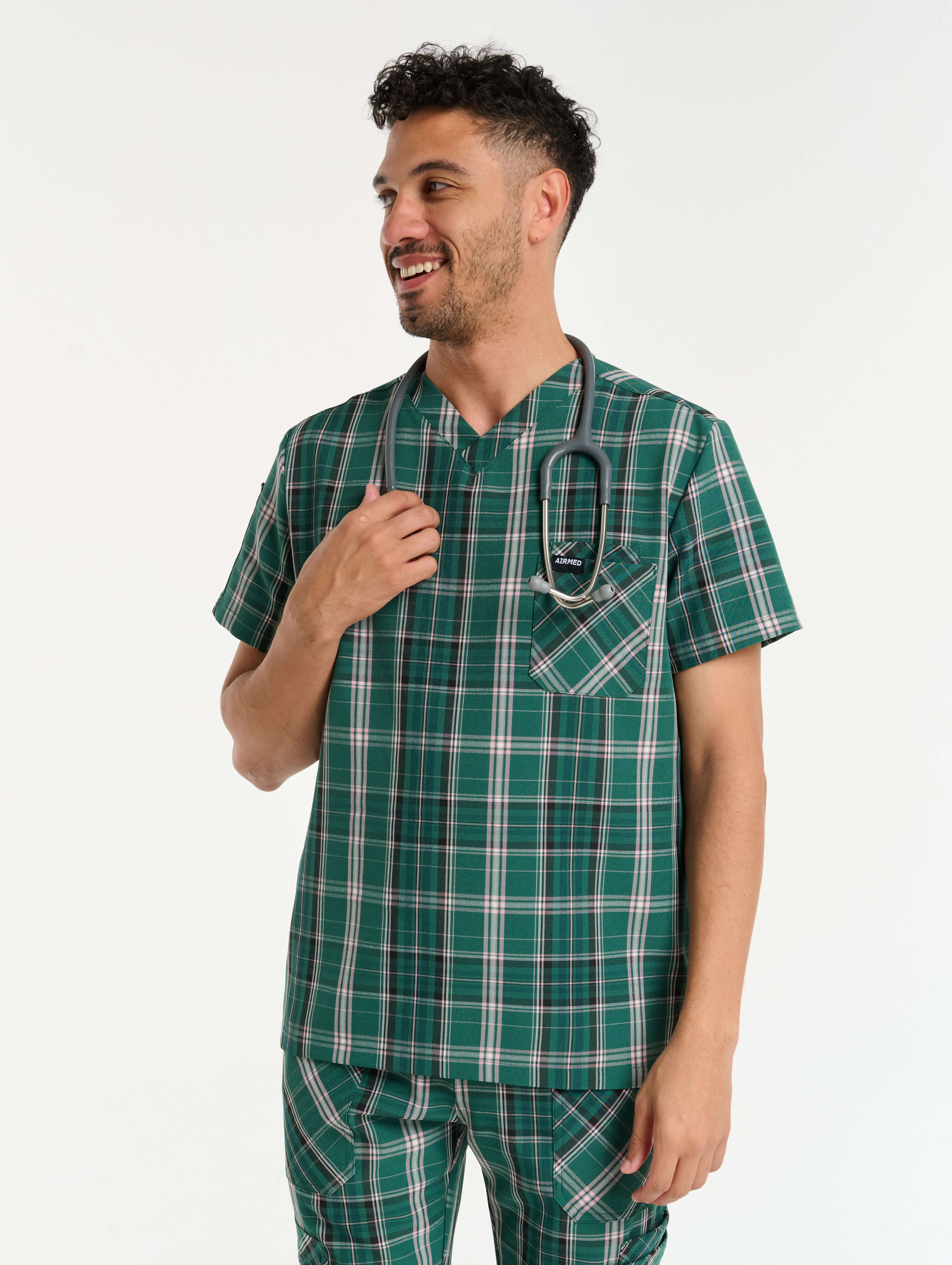 Essential V Neck Scrub Top - Pink & Green Tartan