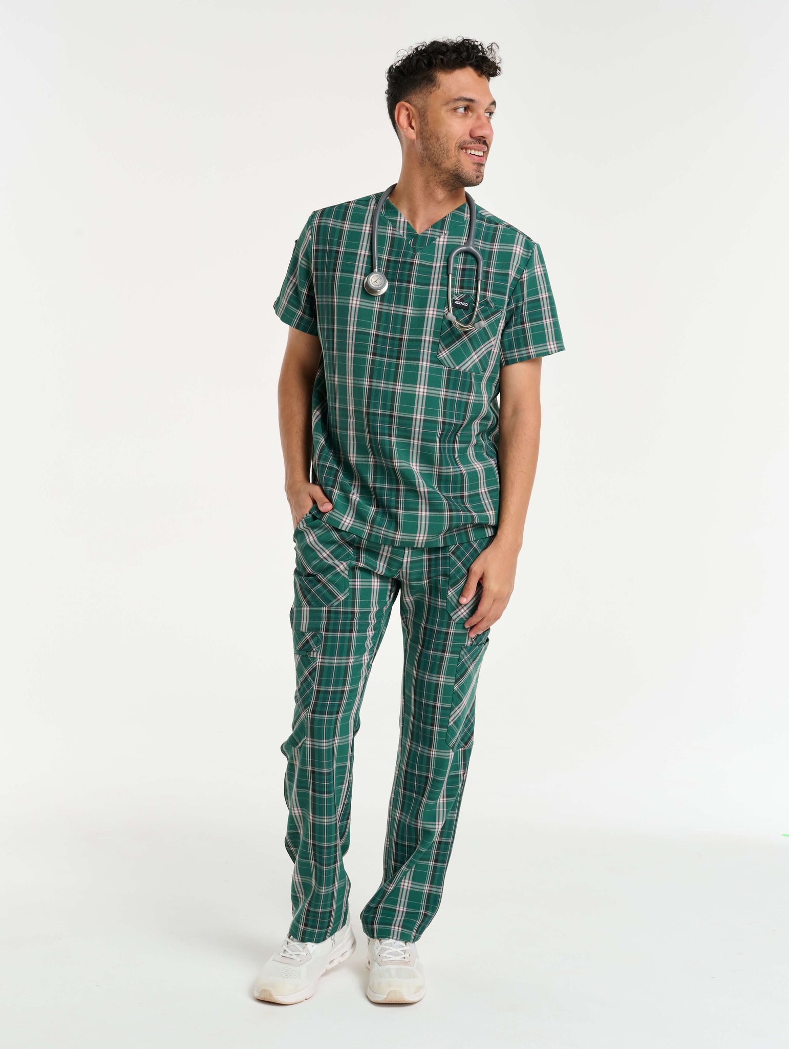 Essential V Neck Scrub Top - Pink & Green Tartan