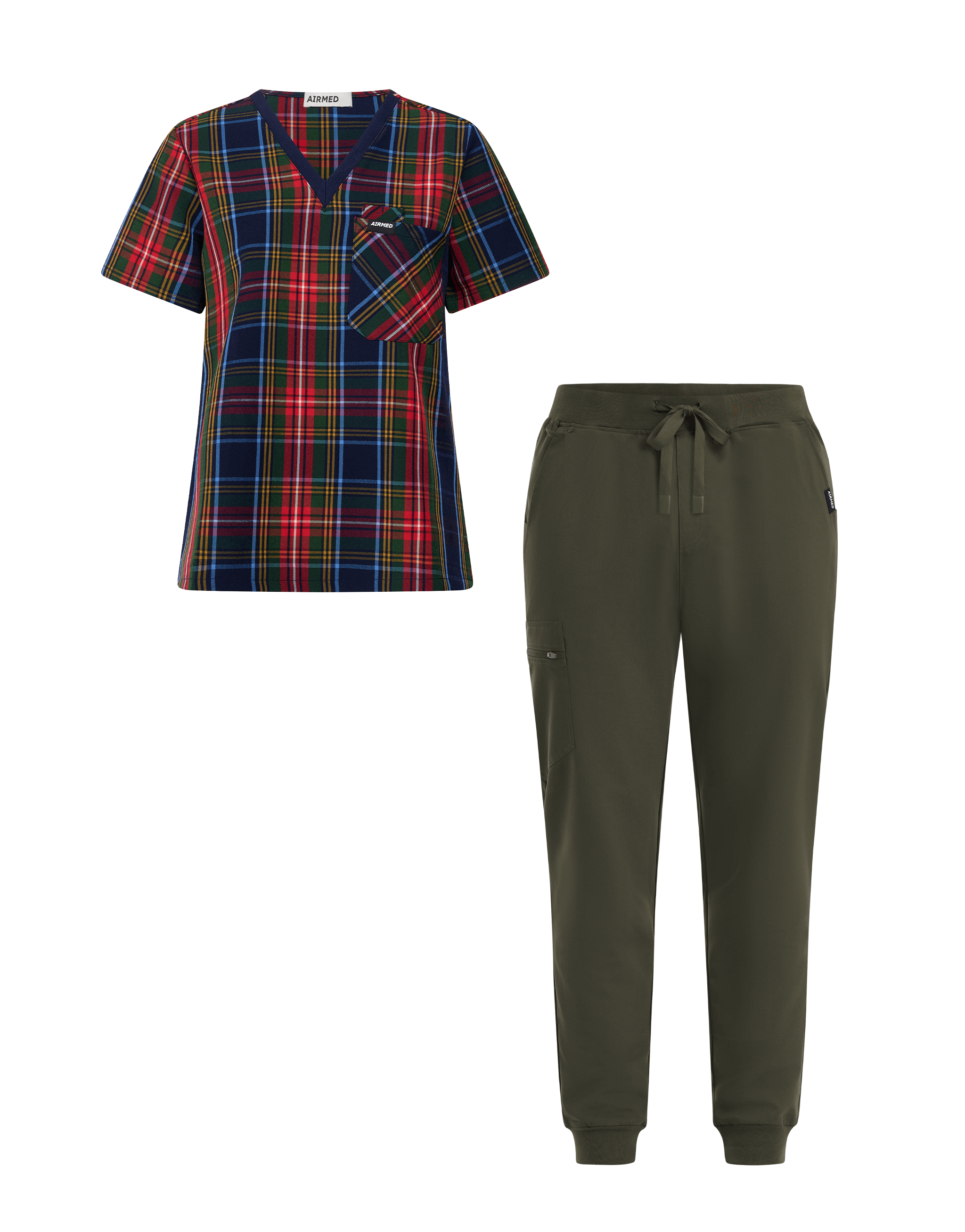 One Pocket V Neck Top and Jogger Pants Set - Blue Tartan and Khaki Green