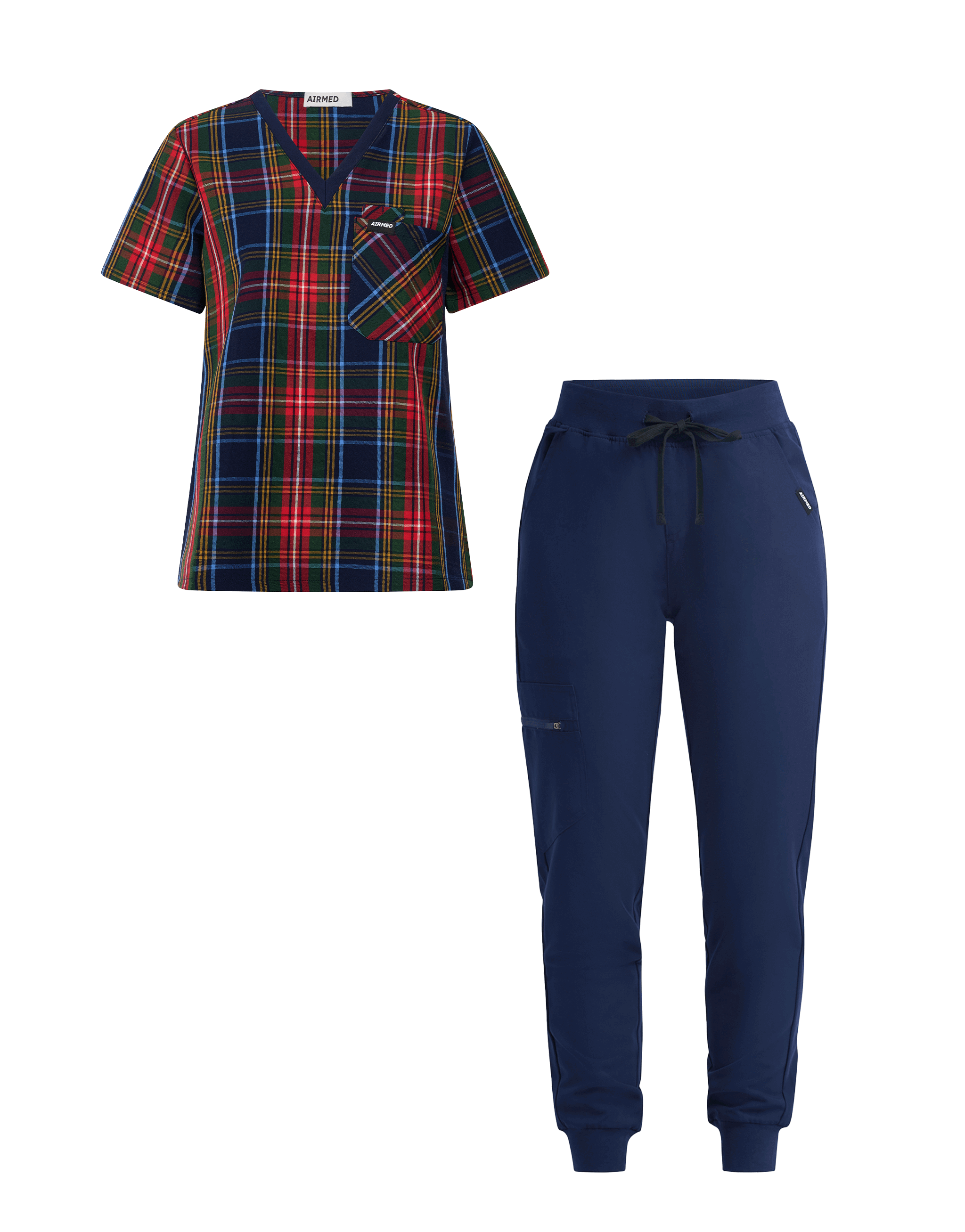 One Pocket V Neck Top and Jogger Pants Set - Blue Tartan and True Navy