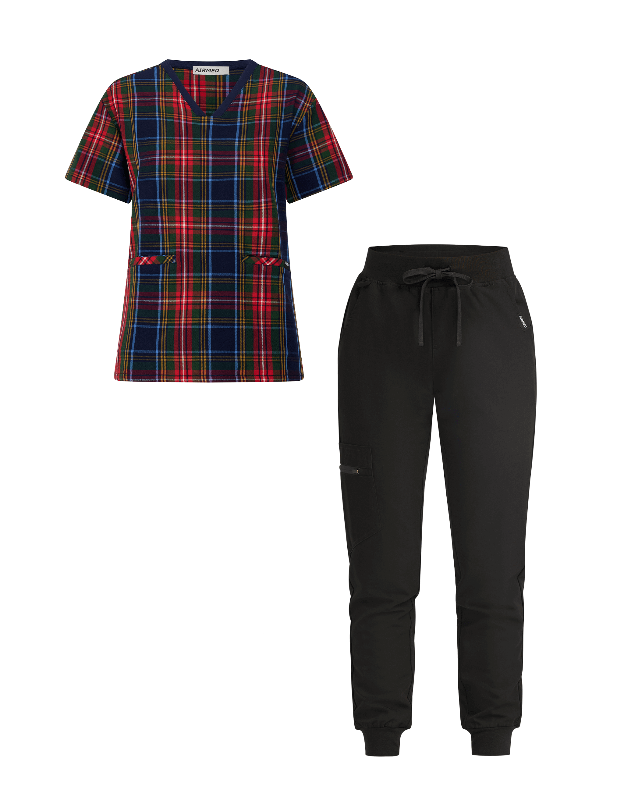 V Neck Top and Jogger Pants Set - Blue Tartan and Black