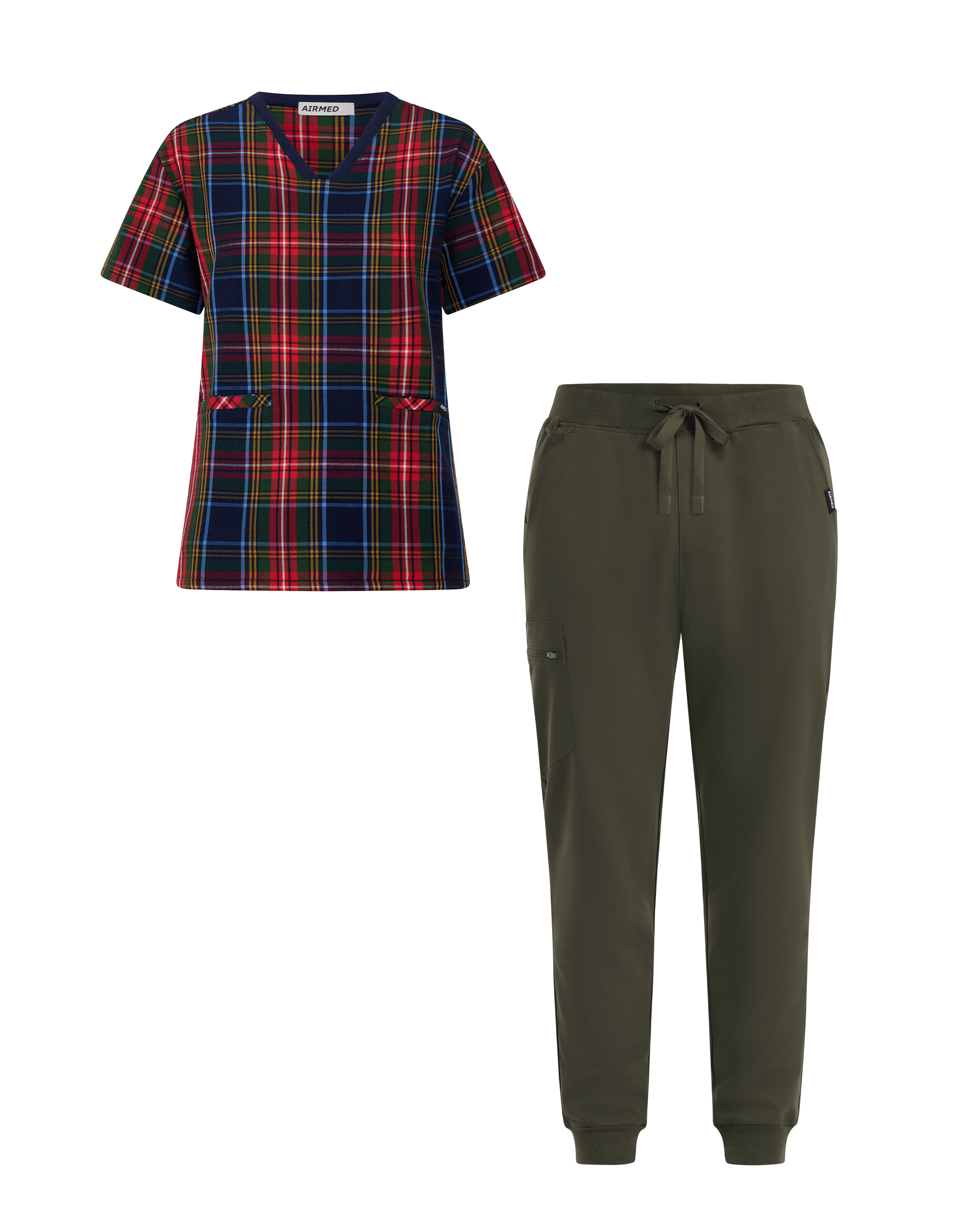 V Neck Top and Jogger Pants Set - Blue Tartan and Khaki Green