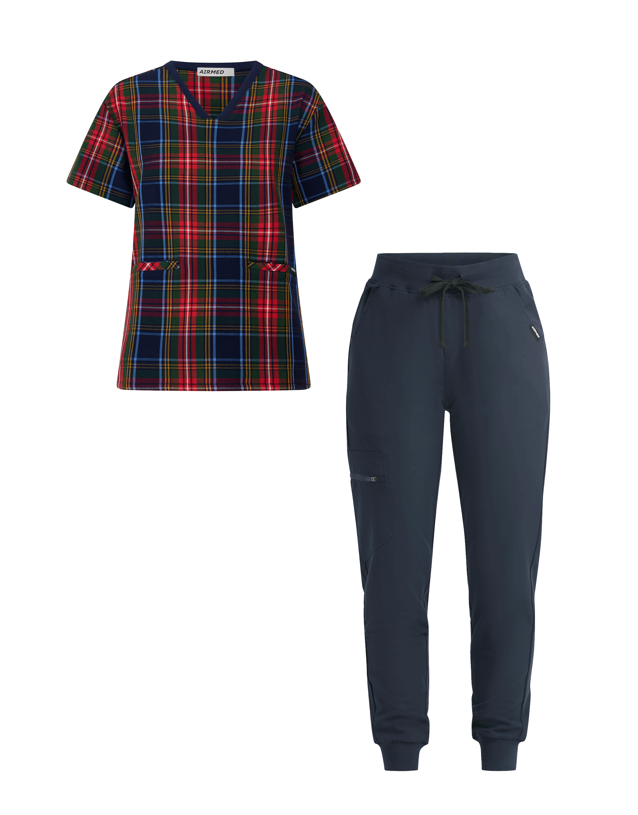 V Neck Top and Jogger Pants Set - Blue Tartan and Midnight Navy