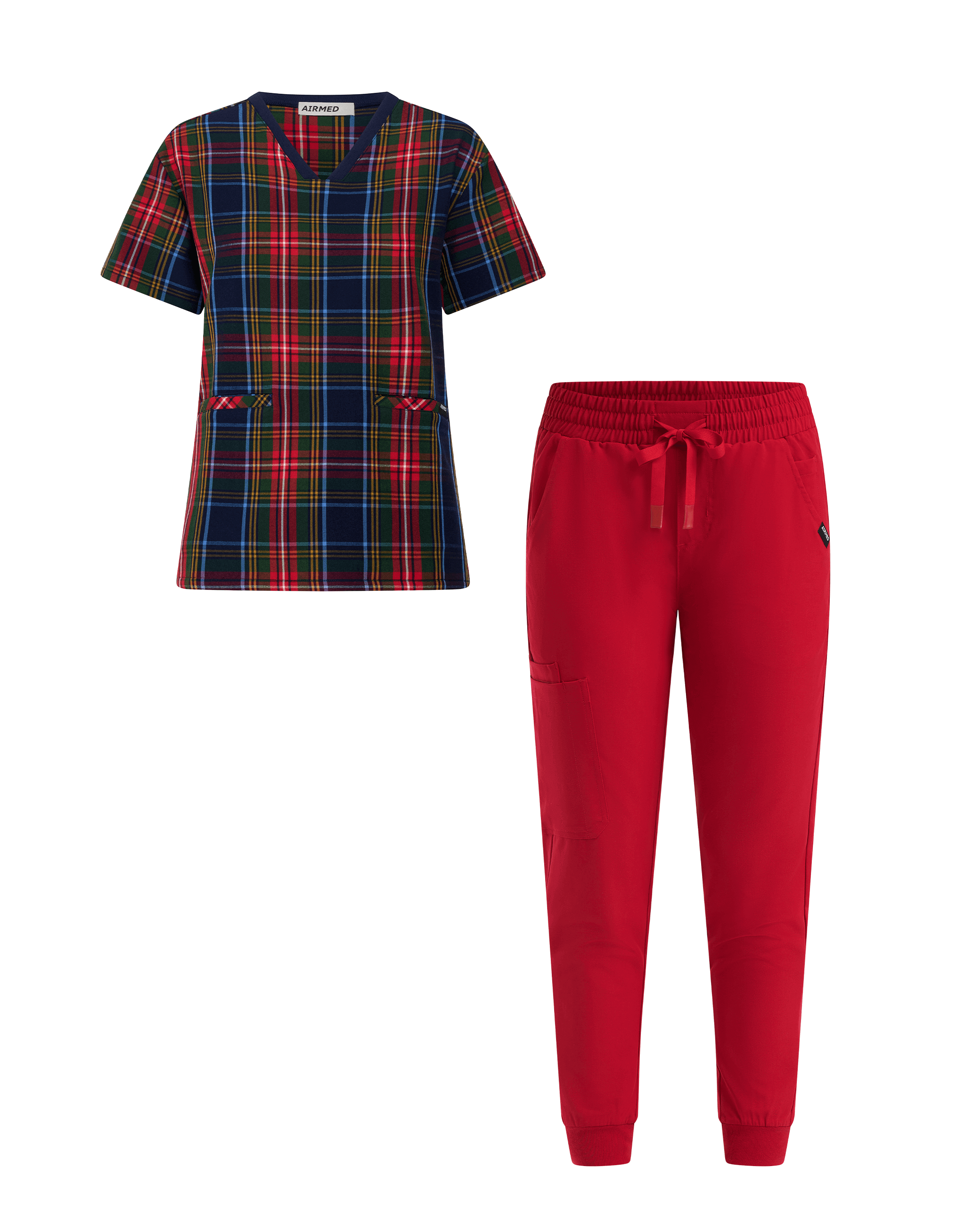 V Neck Top and Jogger Pants Set - Blue Tartan and Cherry Red