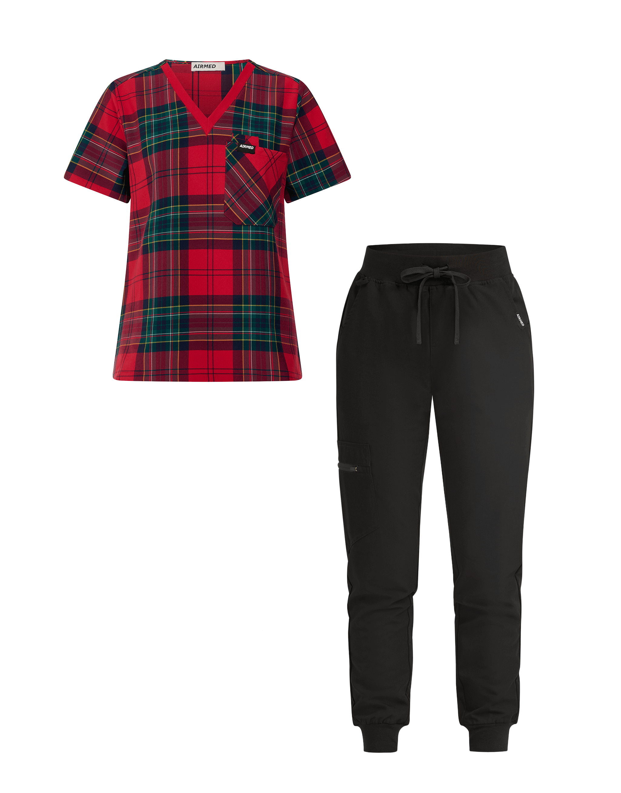 One Pocket V Neck Top and Jogger Pants Set - Red Tartan and Black