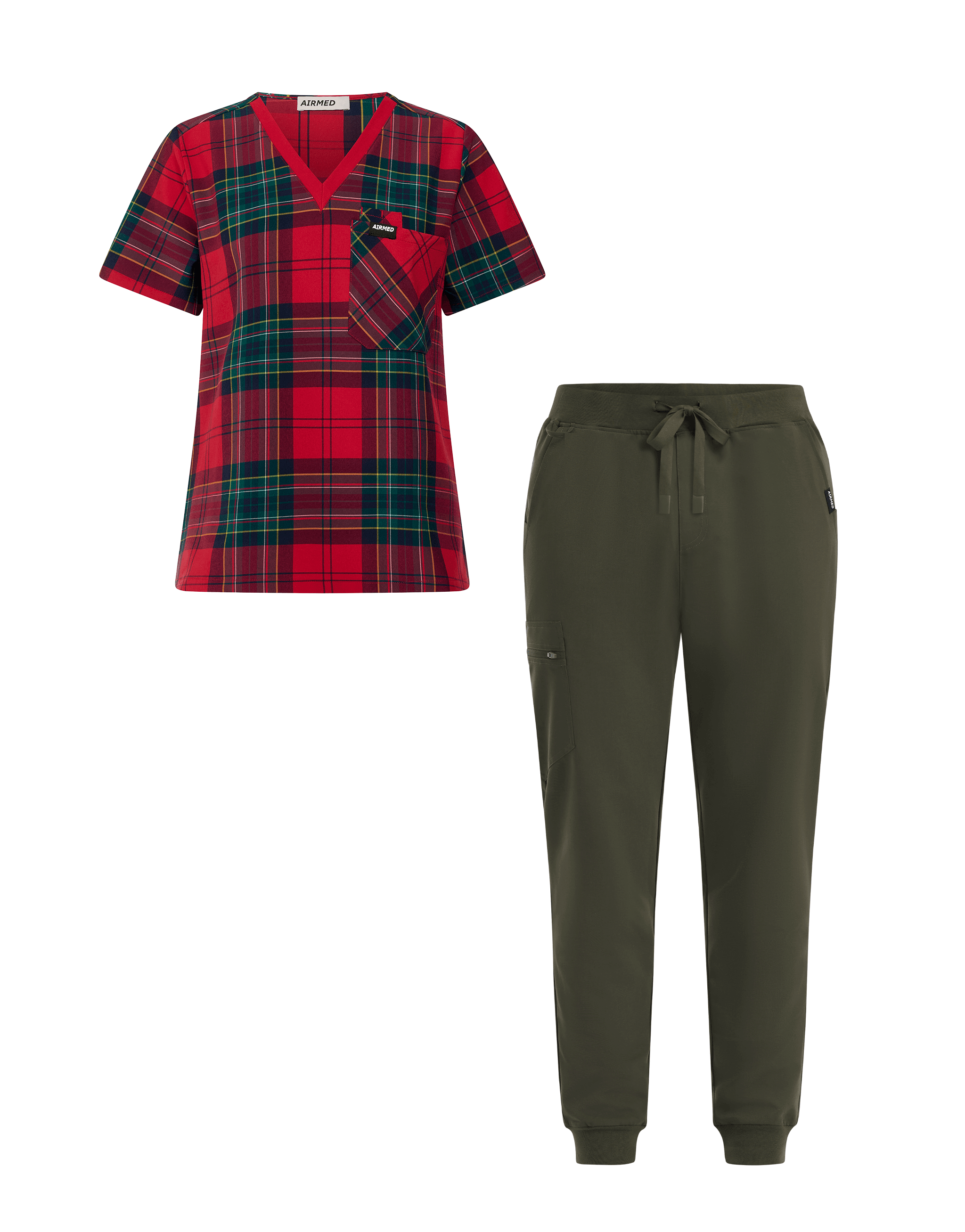 One Pocket V Neck Top and Jogger Pants Set - Red Tartan and Khaki Green