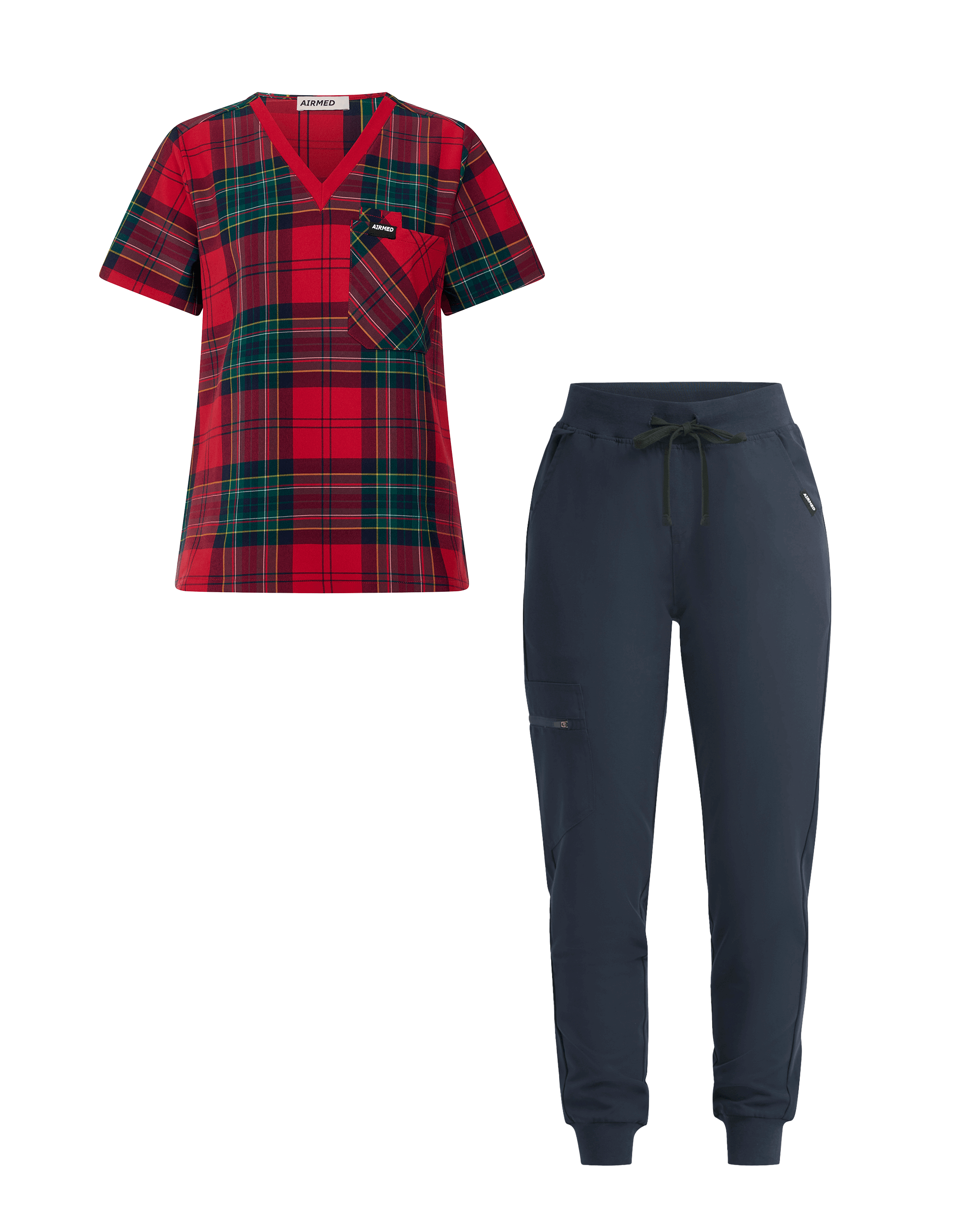 One Pocket V Neck Top and Jogger Pants Set - Red Tartan and Midnight Navy