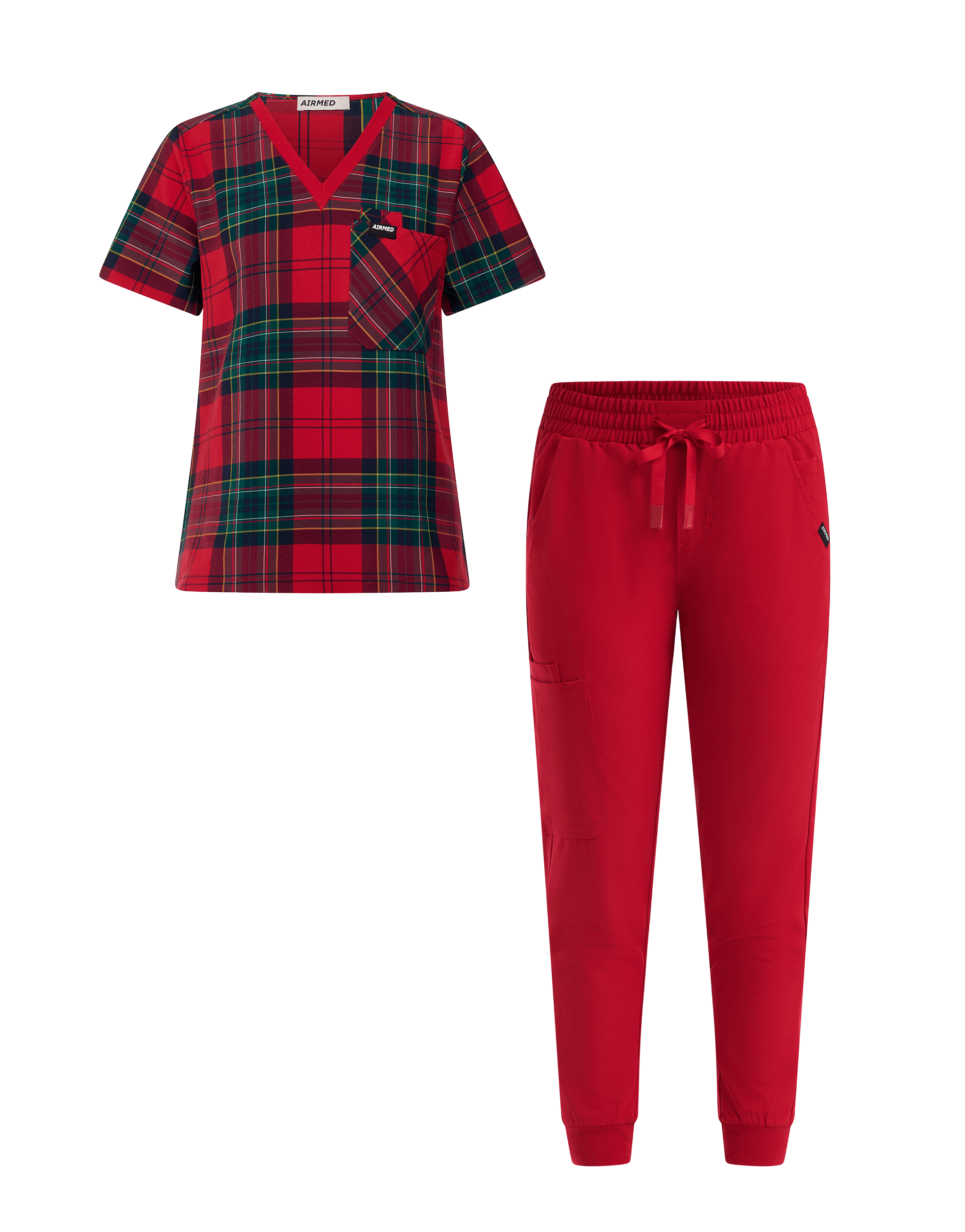 One Pocket V Neck Top and Jogger Pants Set - Red Tartan and Cherry Red