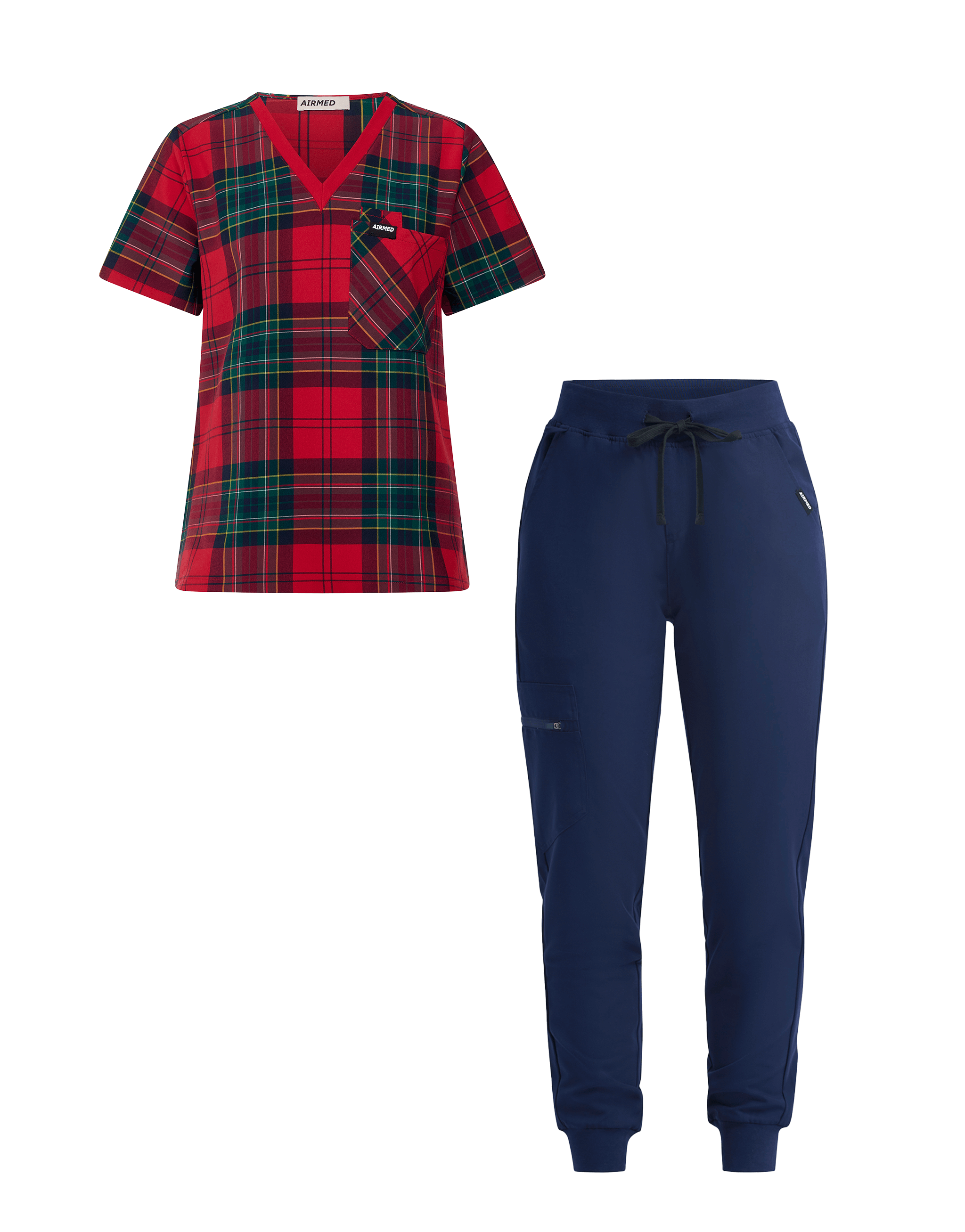 One Pocket V Neck Top and Jogger Pants Set - Red Tartan and True Navy
