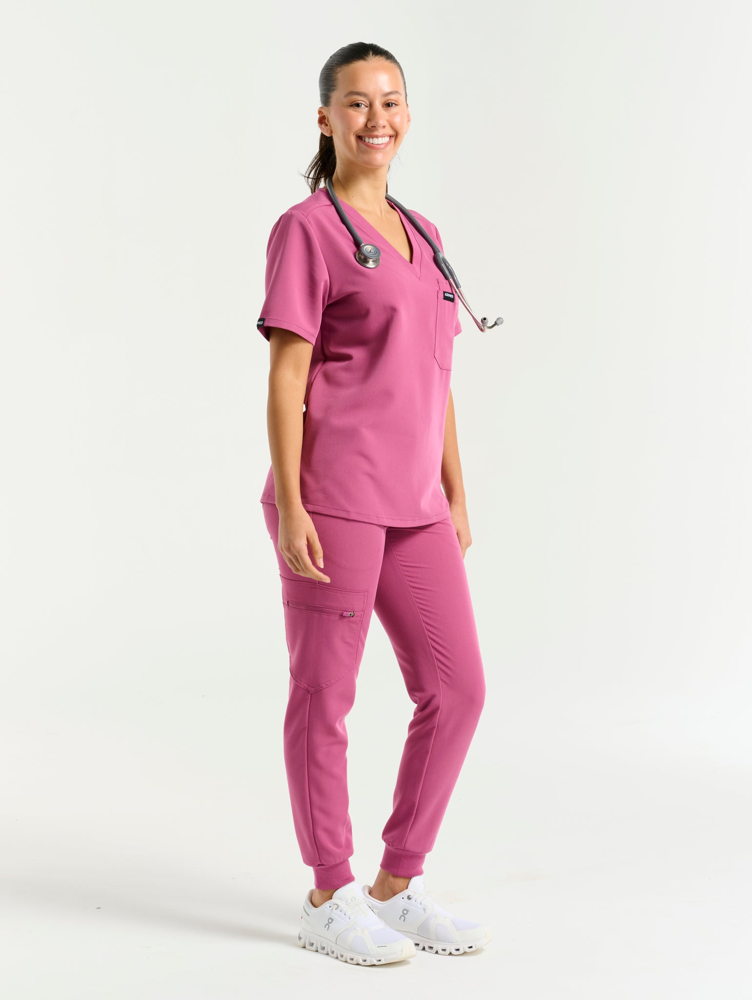 Essential One Pocket V Neck Scrub Top - Red Violet