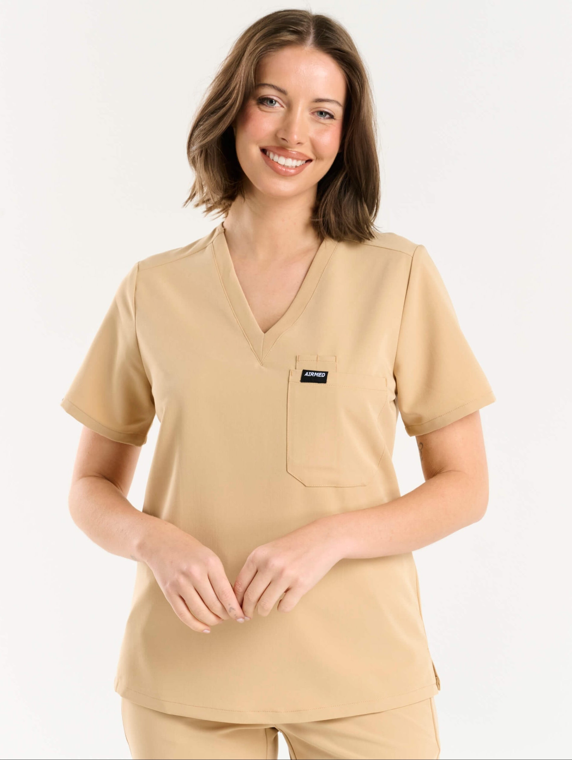 Essential One Pocket V Neck Scrub Top - Warm Sand