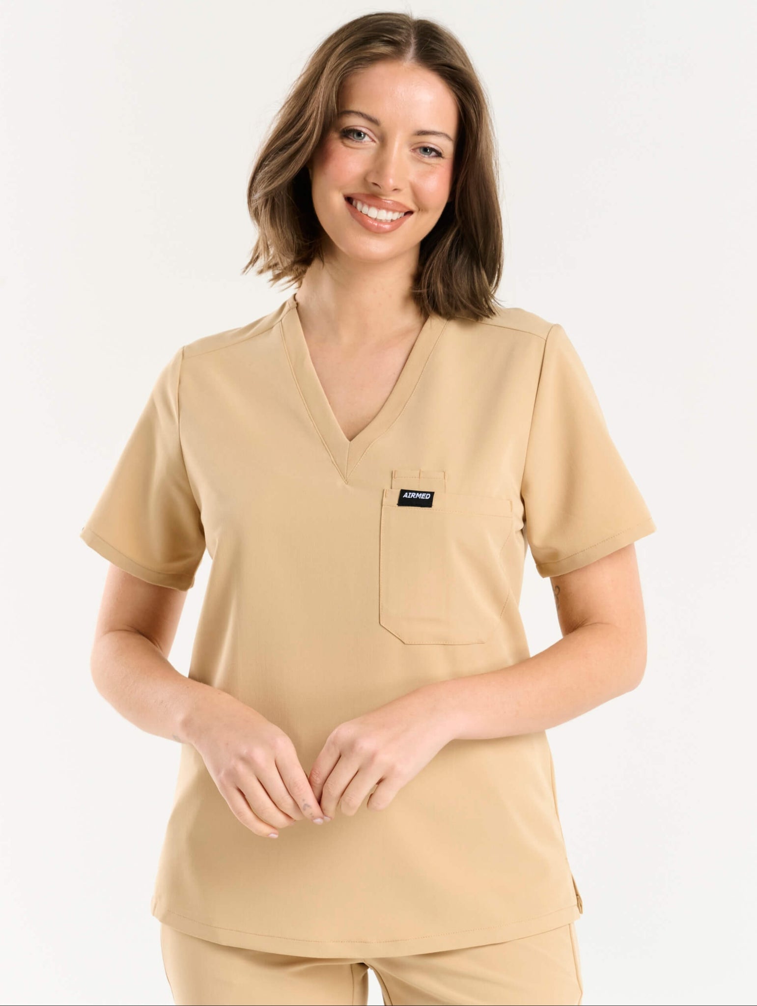 Essential One Pocket V Neck Scrub Top - Warm Sand