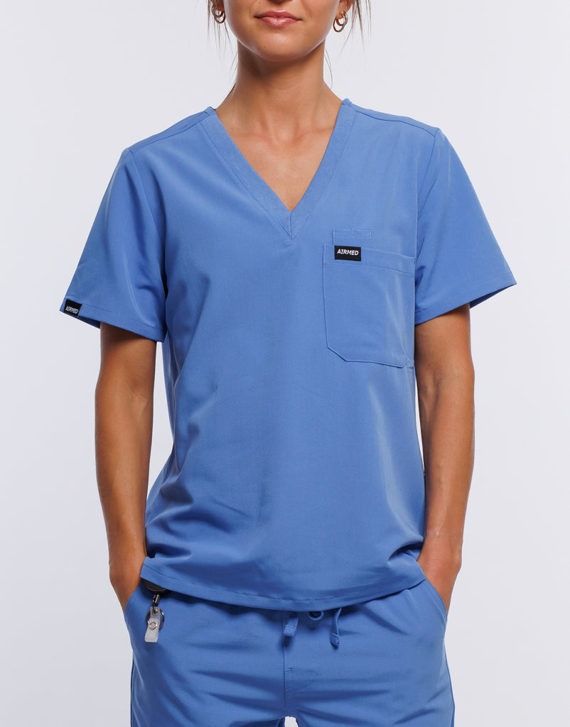 Essential One Pocket V Neck Scrub Top - Ceil Blue