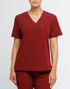 Essential One Pocket V Neck Scrub Top - Syrah Red