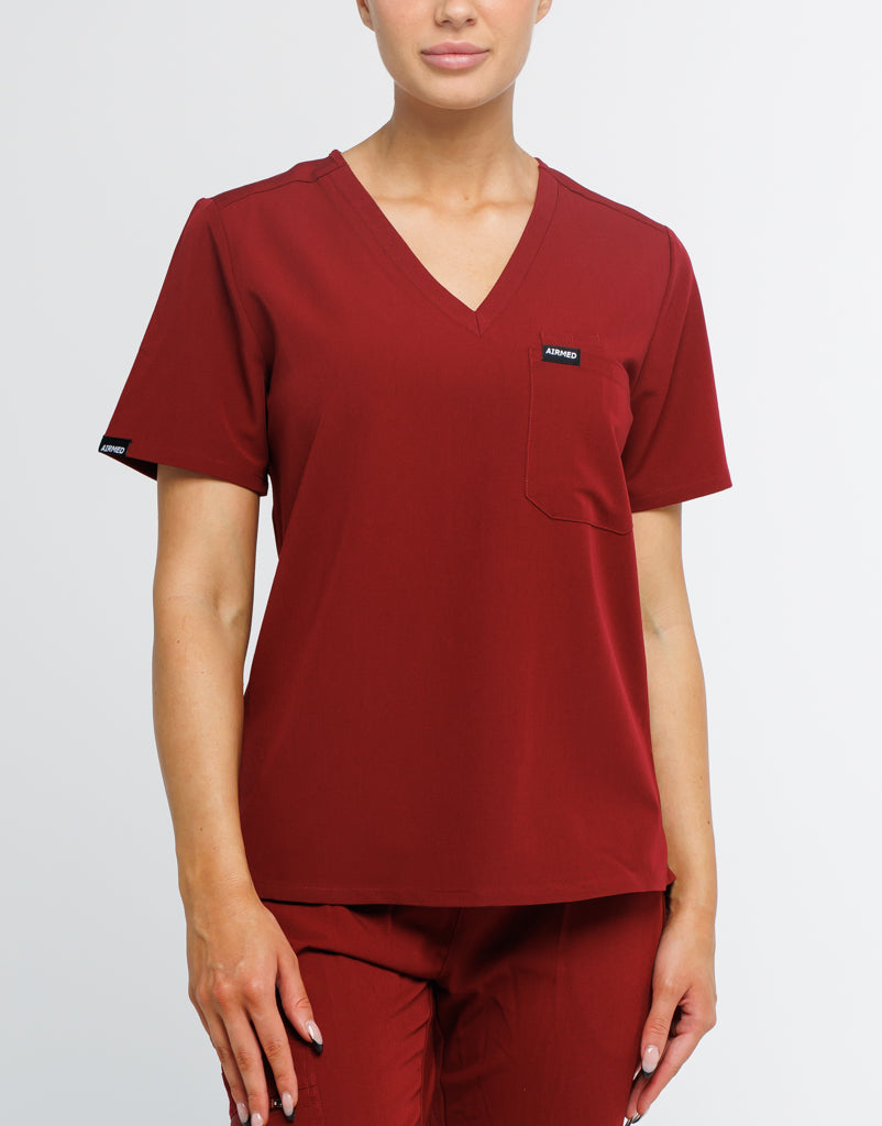 Essential One Pocket V Neck Scrub Top - Syrah Red