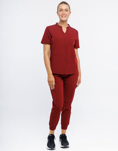 Full Button Scrub Top - Syrah Red