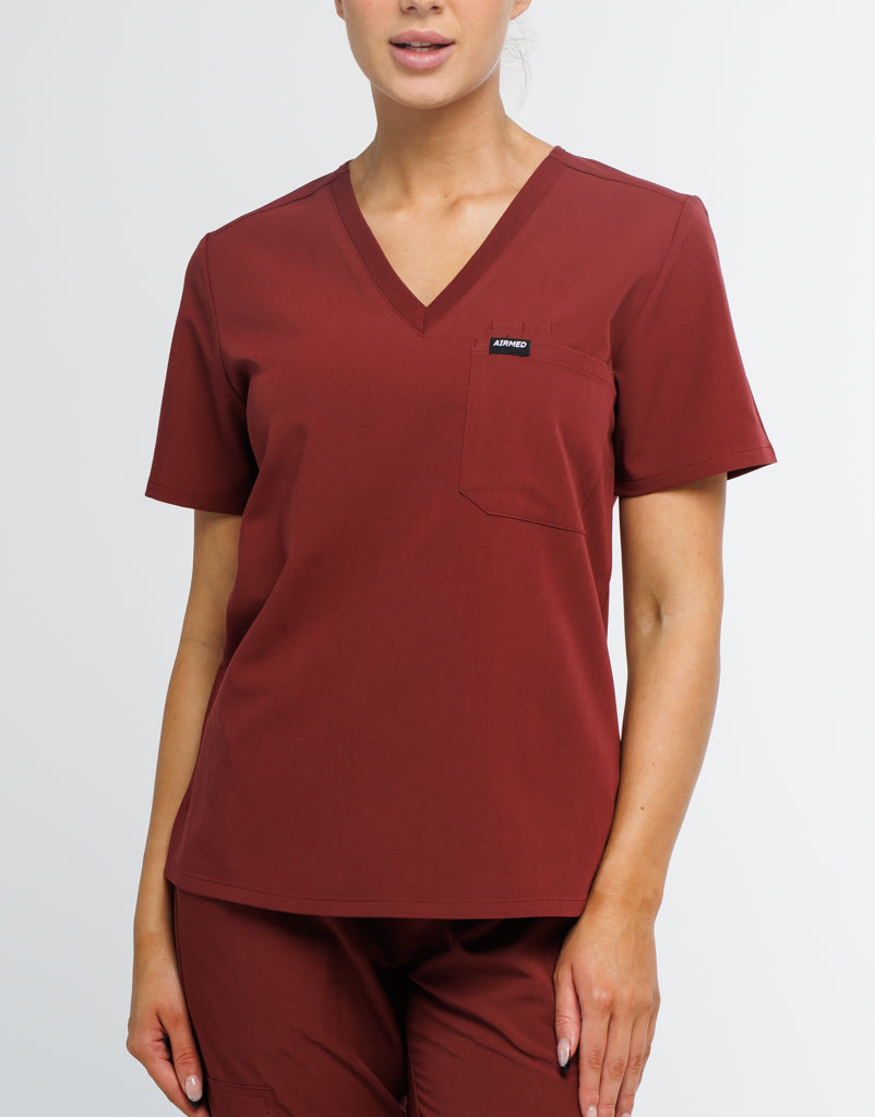 Essential One Pocket V Neck Scrub Top - Bordeaux Red