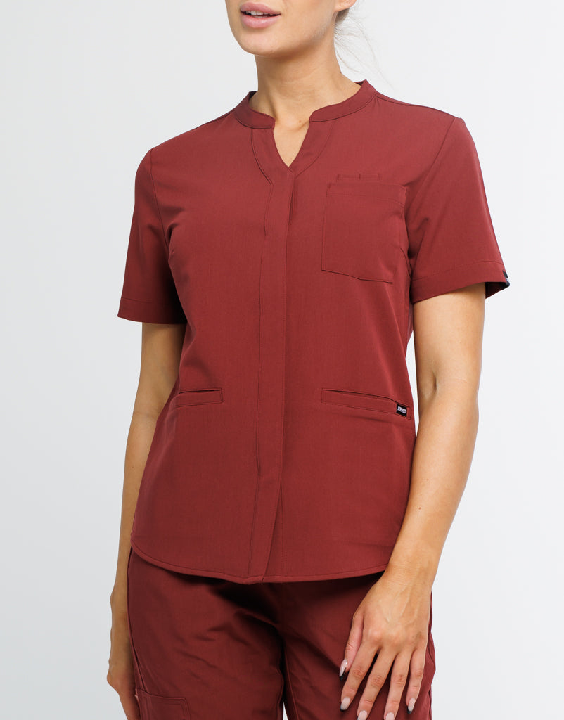 Full Button Scrub Top - Bordeaux