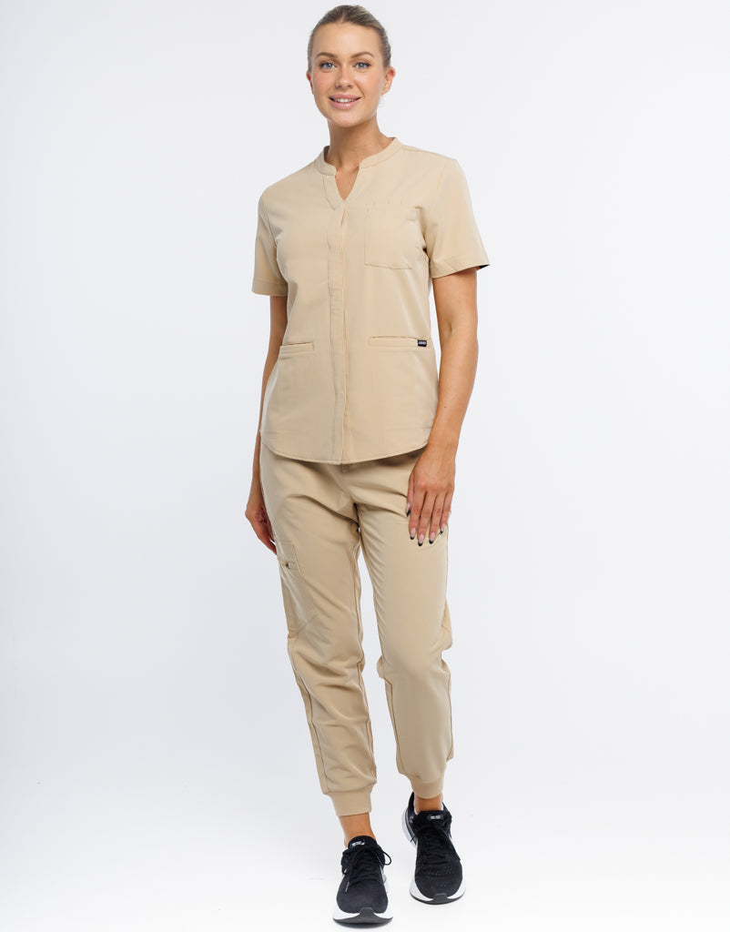 Full Button Scrub Top - Warm Sand