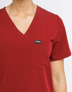 Essential One Pocket V Neck Scrub Top - Syrah Red