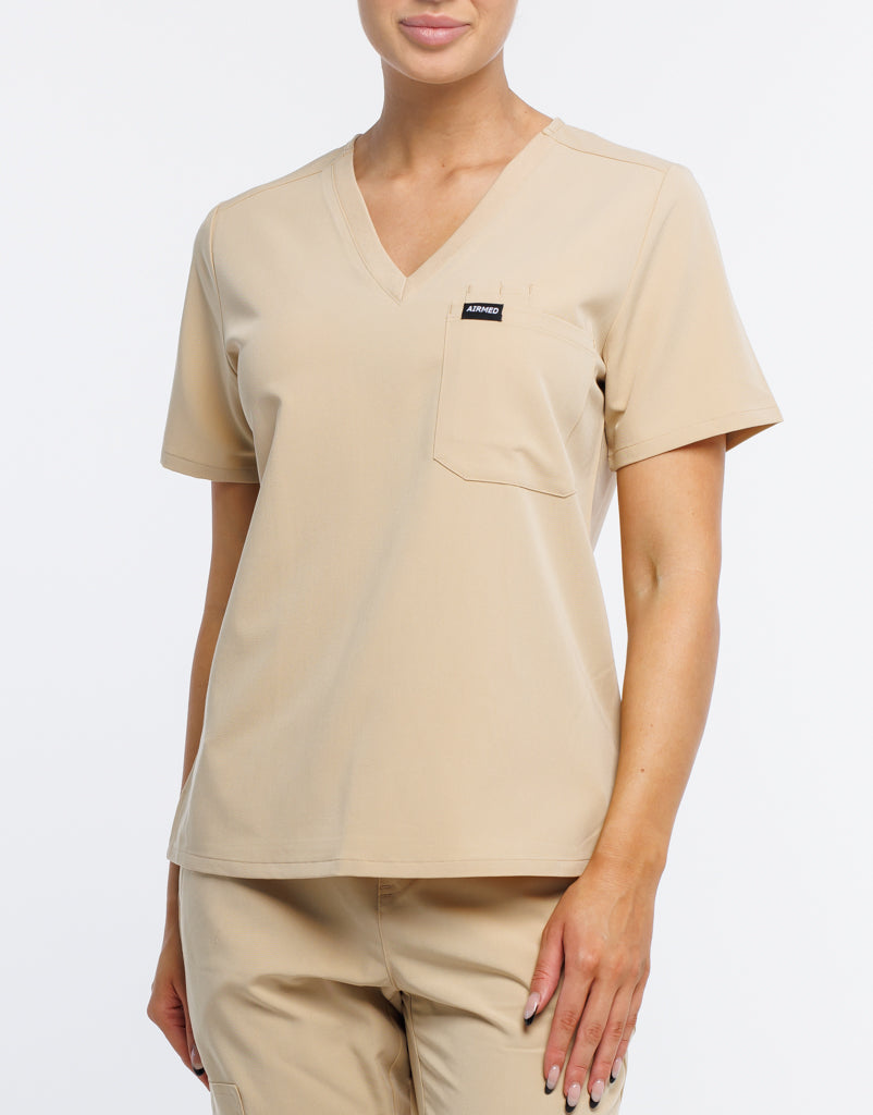 Essential One Pocket V Neck Scrub Top - Warm Sand