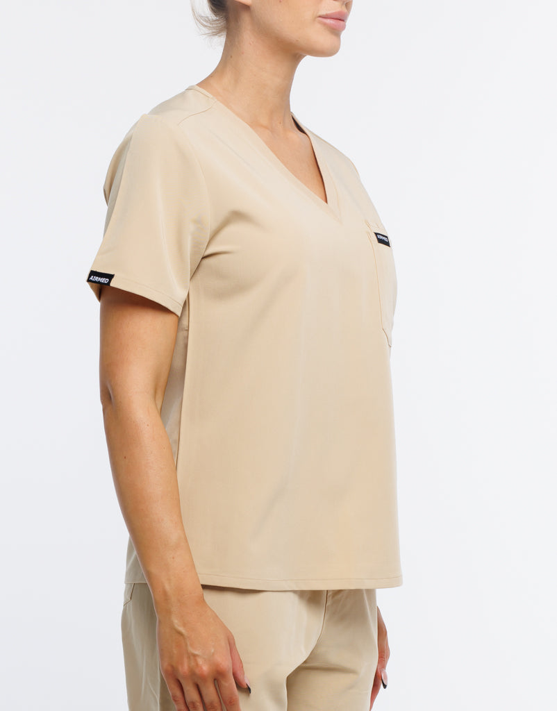 Essential One Pocket V Neck Scrub Top - Warm Sand