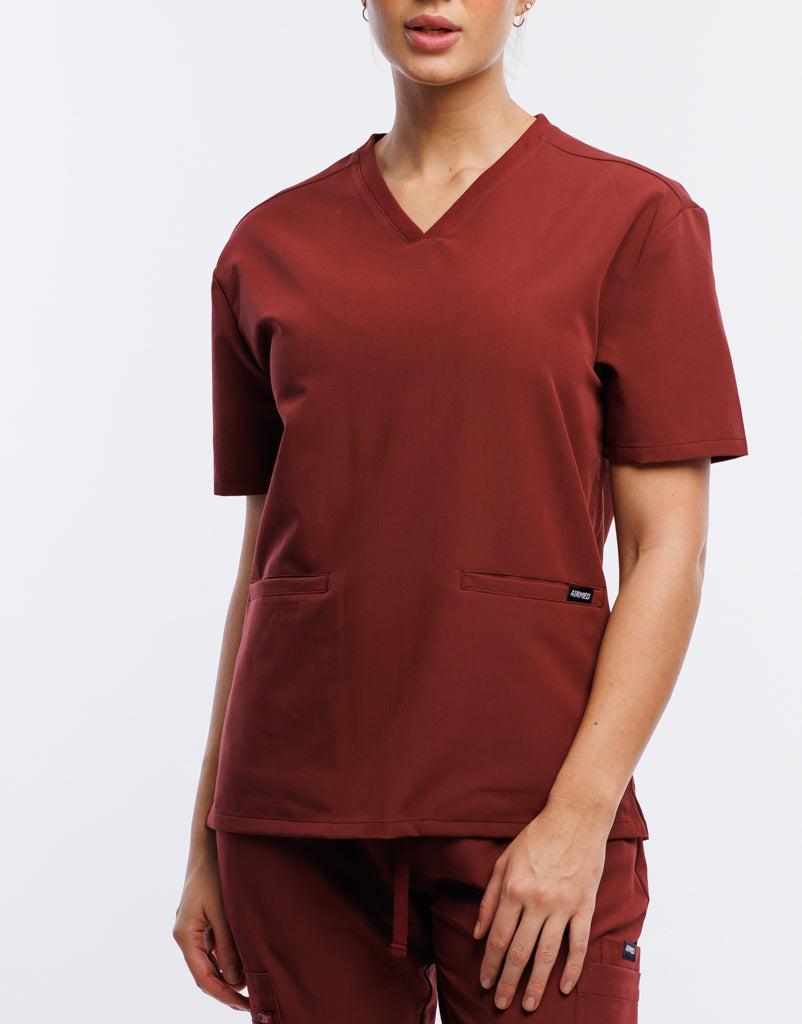 Essential V Neck Scrub Top - Bordeaux Red