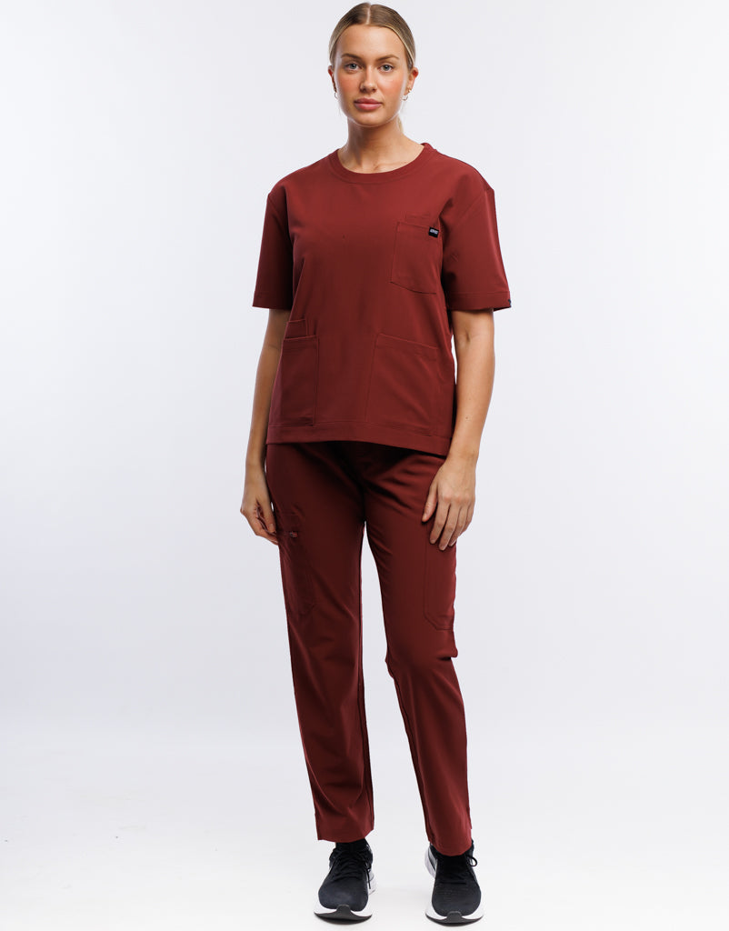 Essential Crewneck Scrub Top - Bordeaux Red