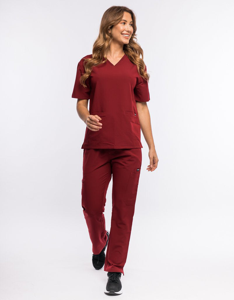 Essential V Neck Scrub Top - Syrah Red